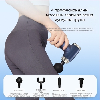 USB масажна пушка за фасция – релаксация на мускулите, 4 накрайника, мотор с четки, 3 скорости, шум под 36 dB, автономия 3–6 ч
