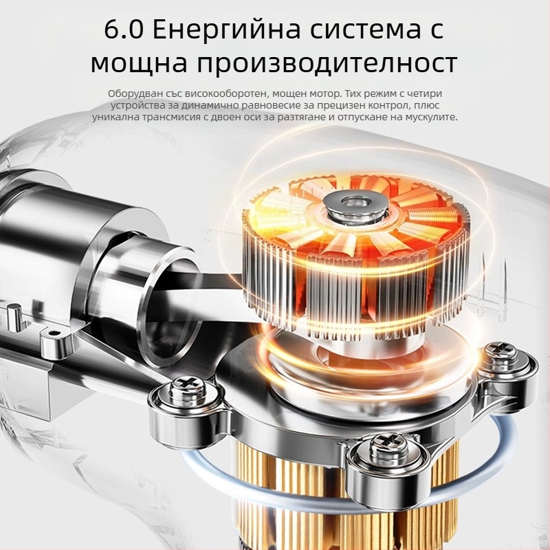 USB масажна пушка за фасция – релаксация на мускулите, 4 накрайника, мотор с четки, 3 скорости, шум под 36 dB, автономия 3–6 ч
