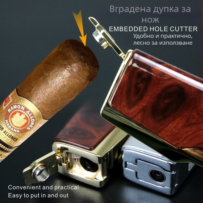 Метална бутанова запалка, устойчива на вятър, с нож за пури и държател за пури