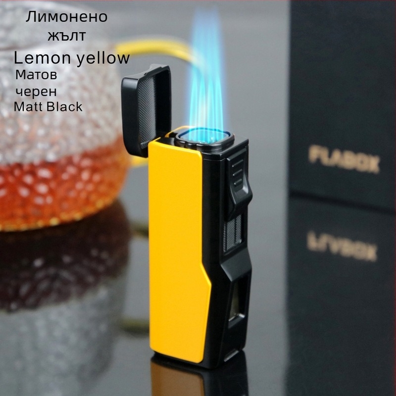 Метална бутанова запалка, устойчива на вятър, с нож за пури и държател за пури