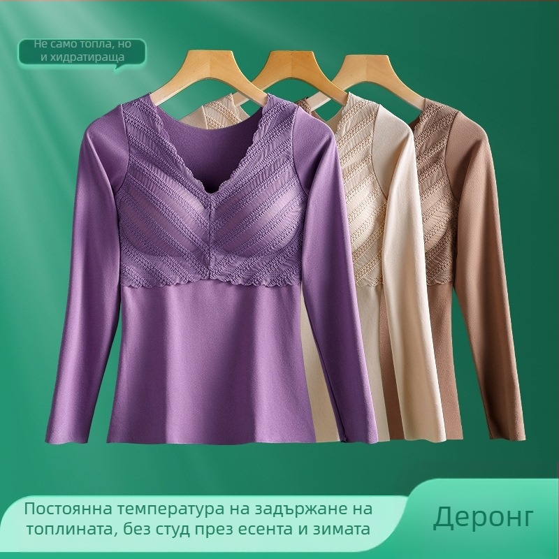 Дамска базова долна блуза с V-образно деколте, дантела, подплънка за бюста, дълги ръкави, топла полиестрова тъкан