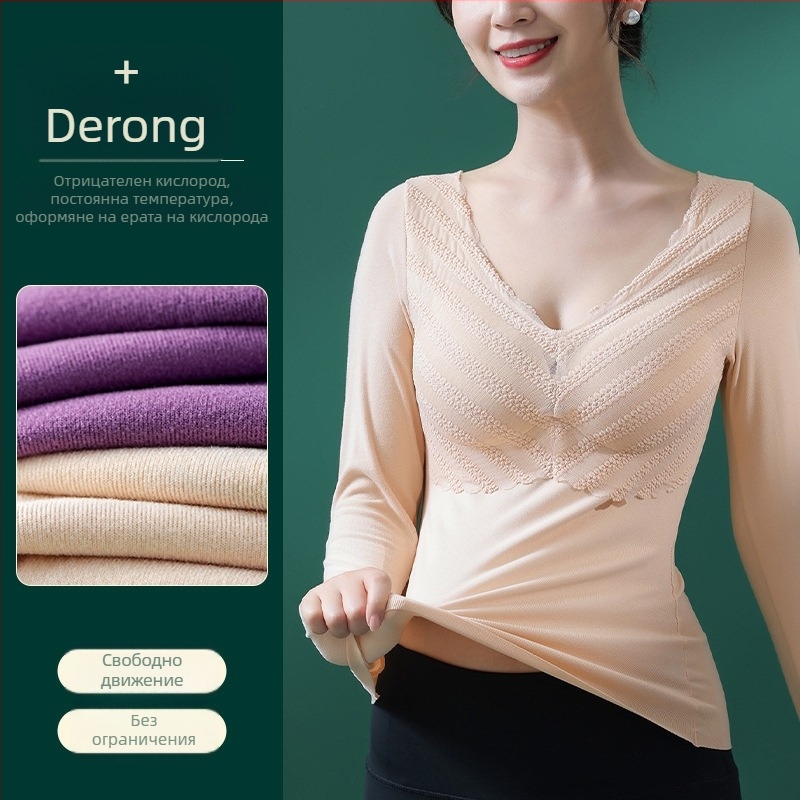 Дамска базова долна блуза с V-образно деколте, дантела, подплънка за бюста, дълги ръкави, топла полиестрова тъкан