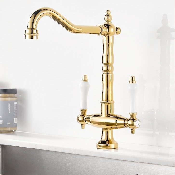 Смесител за кухненска мивка, двойна класическа конфигурация, корпус от мед, керамичен клапан, вход/изход G1/2