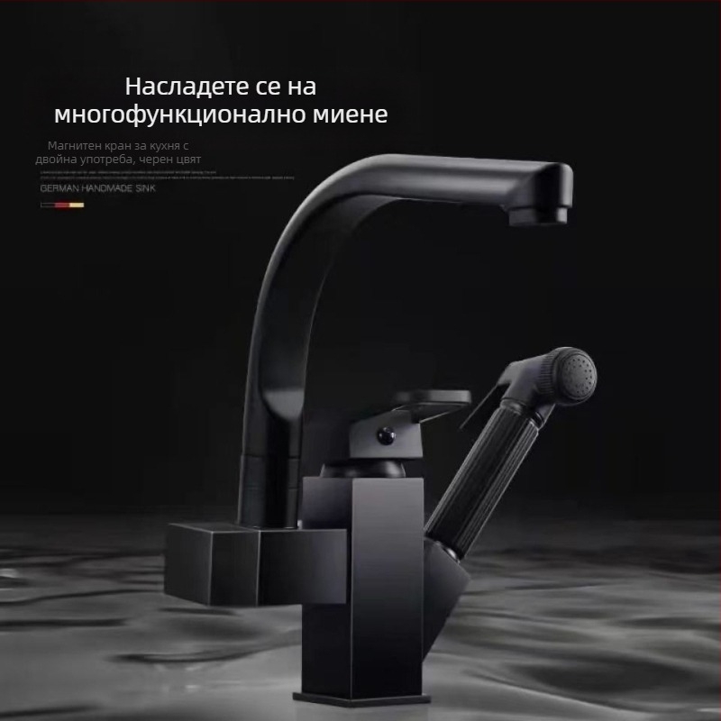Кухненски смесител с издърпващ се маркуч за гореща и студена вода, от неръждаема стомана, керамична клапанна глава, монтаж на плот, диаметър на седалката 35 мм