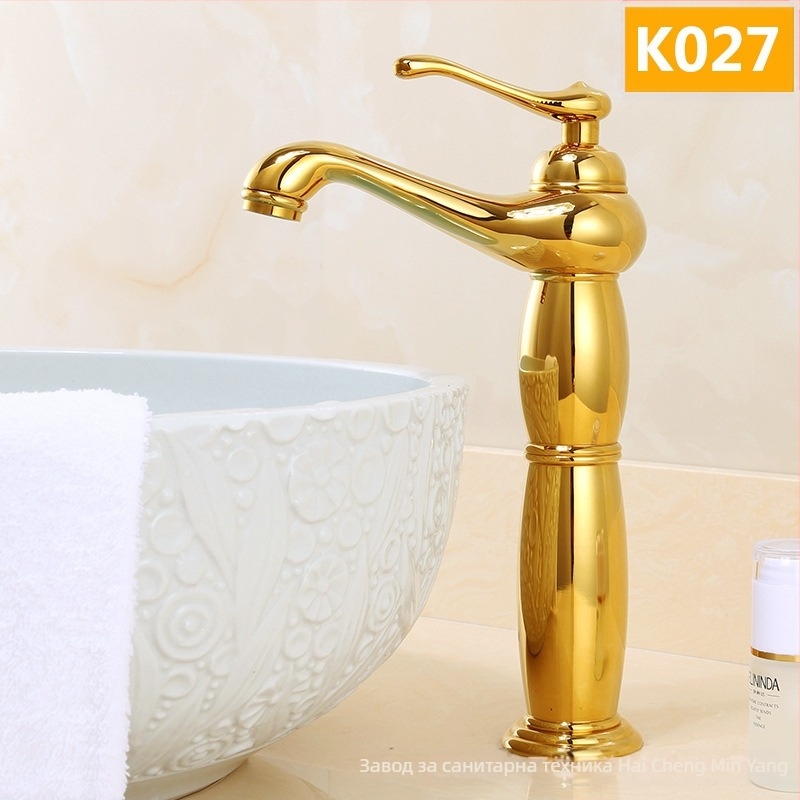 Европейски стил кран за мивка, меден корпус, керамичен клапан, 8 мм вход/изход, повдигащ механизъм