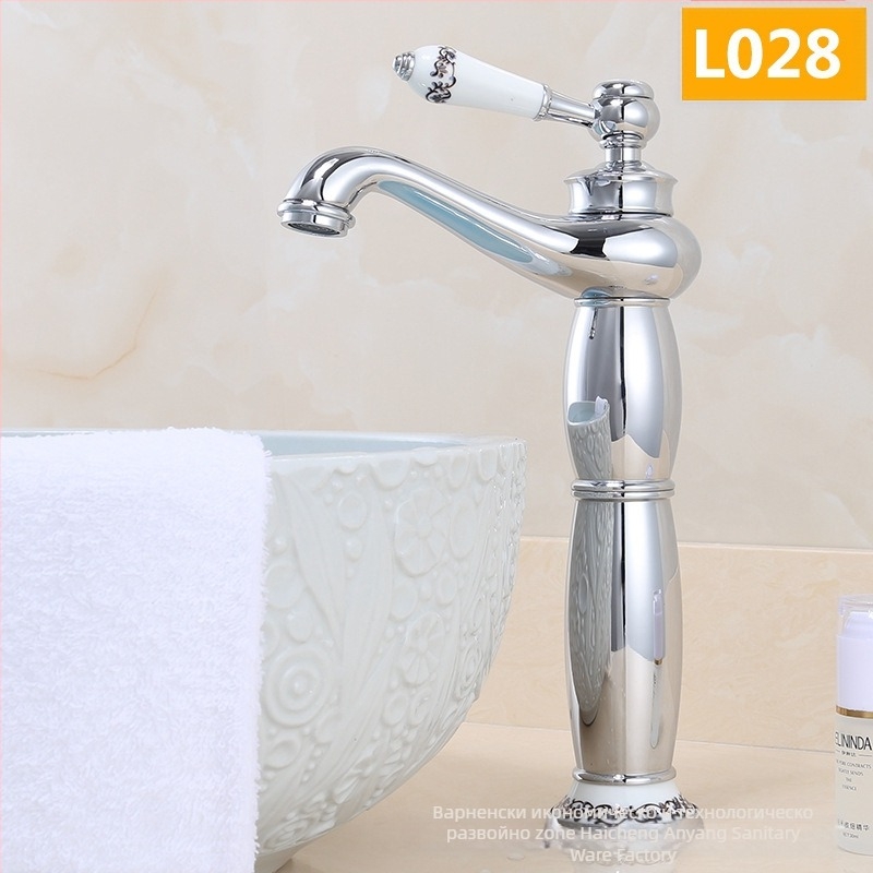 Европейски стил кран за мивка, меден корпус, керамичен клапан, 8 мм вход/изход, повдигащ механизъм