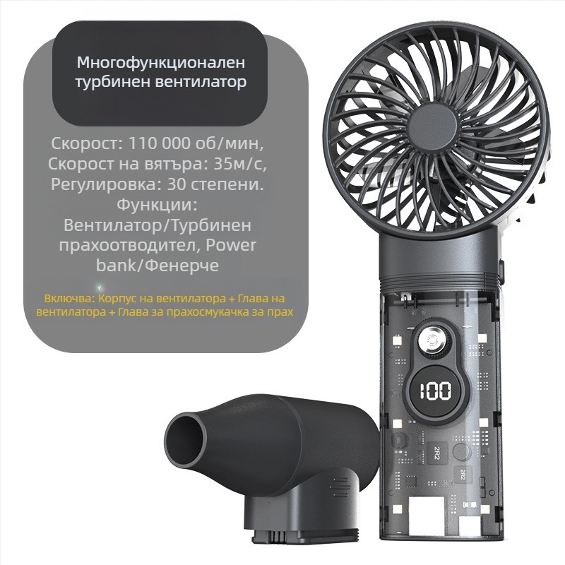 Ръчен турбинен вентилатор с безчетков мотор, вградена 4000 mAh батерия, безстъпков контрол на скоростта, шум 37–45 дБ, живот на батерията 1–3 ч