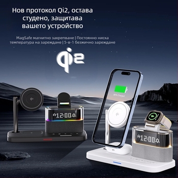 Qi2 магнитен 3-в-1 безжичен зарядно за серия iPhone 12–15 и Apple Watch, настолен, обща мощност 25W, изход: телефон 15W, слушалки 5W, часовник 3W, QC4.0