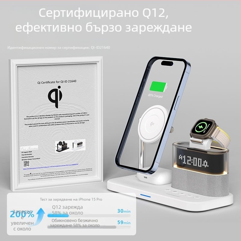 Qi2 магнитен 3-в-1 безжичен зарядно за серия iPhone 12–15 и Apple Watch, настолен, обща мощност 25W, изход: телефон 15W, слушалки 5W, часовник 3W, QC4.0