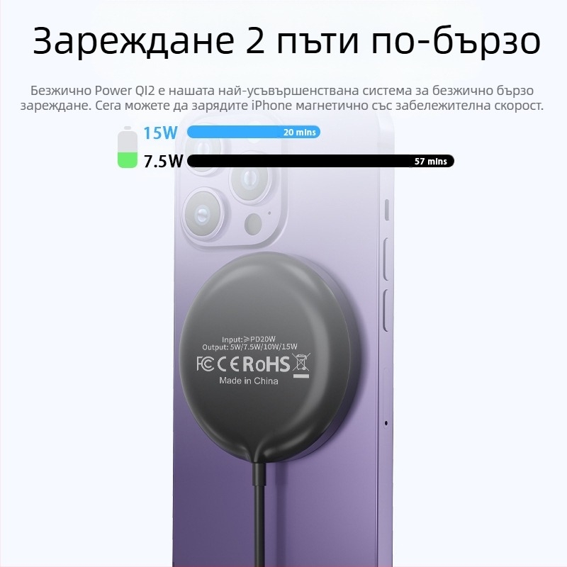 Магнитен безжичен настолен зарядник 15W Qi2 – бързо зареждане за мобилен телефон, часовник и слушалки, 3A изход