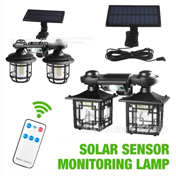 Соларна наземна лампа с двойна глава, ретро дизайн, датчик за движение, дистанционно управление, IP65, COB/LED