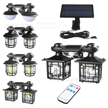 Соларна наземна лампа с двойна глава, ретро дизайн, датчик за движение, дистанционно управление, IP65, COB/LED