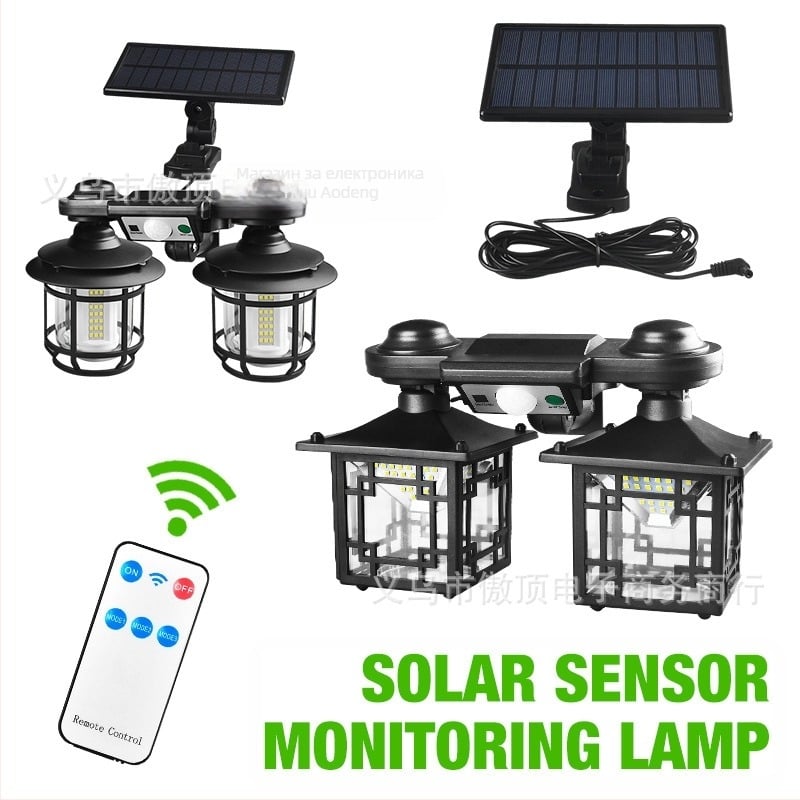 Соларна наземна лампа с двойна глава, ретро дизайн, датчик за движение, дистанционно управление, IP65, COB/LED