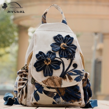 Раница в литературен стил, памучно-лен материал, с цип, подходяща за пътуване за отдих