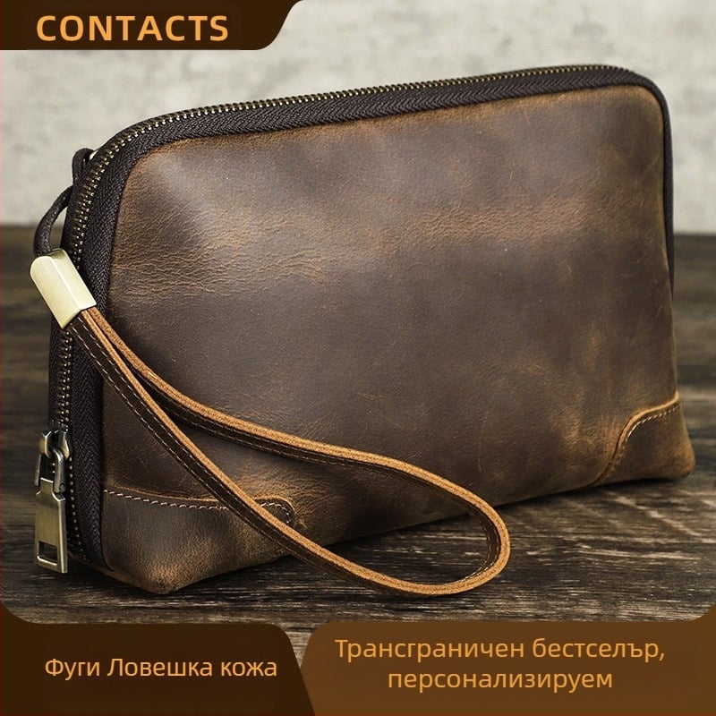 Black Angel Мъжки кожен клъч с каишка за китка за съхранение на дан кабел и Bluetooth слушалки – кожа от първи слой, водоустойчив