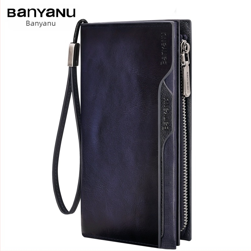 Ban yano Мъжки портфейл от естествена кожа, първи слой телешка кожа, урбанистичен минимализъм, едноцветен дизайн, подплата полиестер