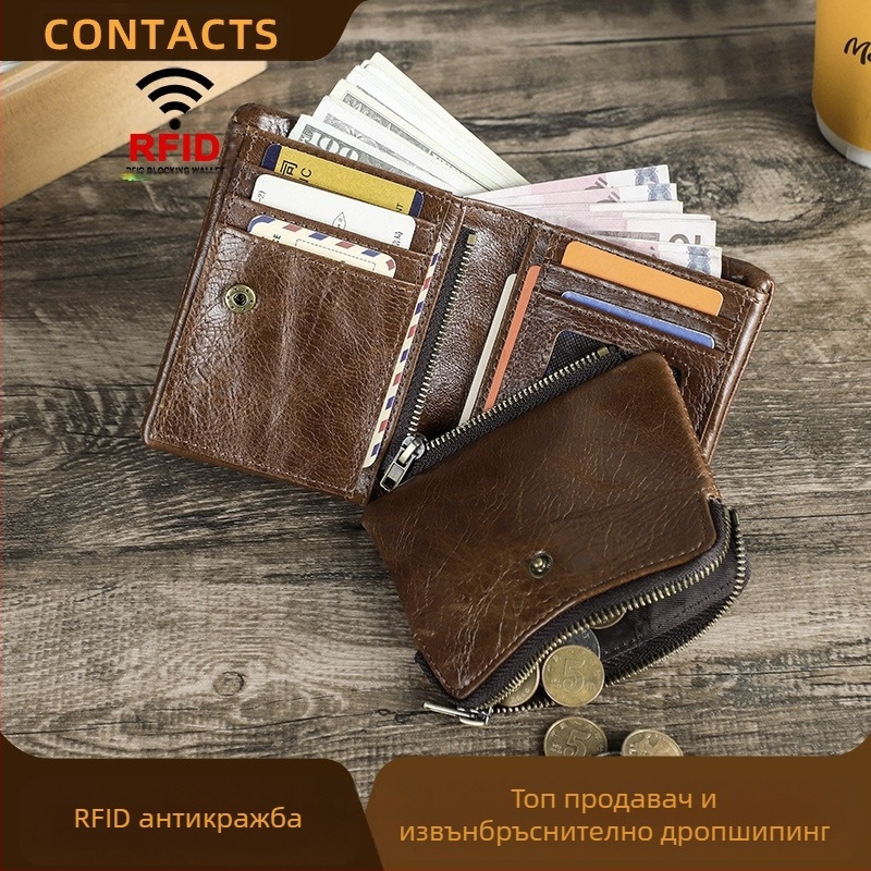 Black Angel мъжки портфейл от първокласна телешка кожа с RFID защита, три секции и сваляща се ципа
