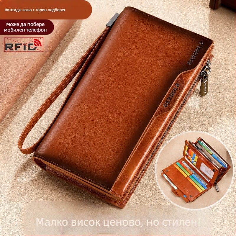 GERUOLA мъжки портфейл от естествена кожа, дълъг модел, против кражба, първи слой телешка кожа, подплата полиестер