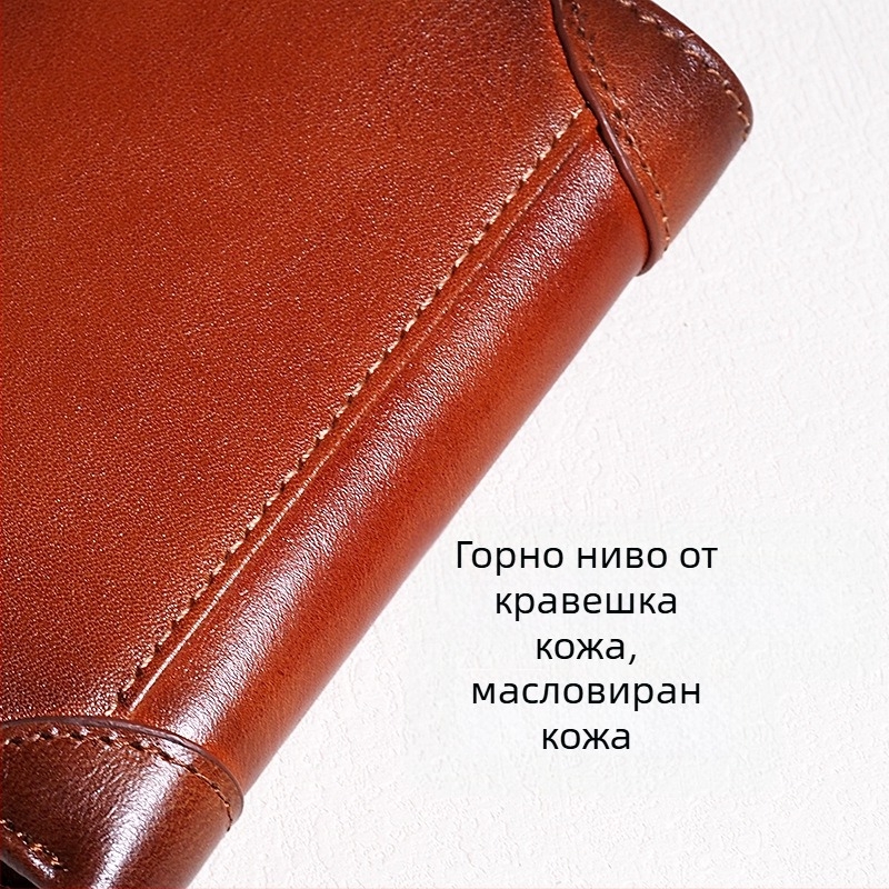 Мъжки портфейл от естествена кожа, първи слой телешка кожа, компактен трипореден дизайн с джобове за карти, подплата от полиестер