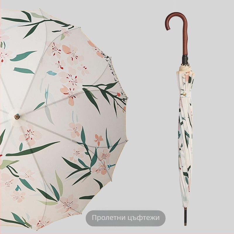 Рекламен чадър с цветен мотив, 16-ребрен каркас, дълга дръжка, автоматично отваряне, полуавтоматично затваряне, печат на лого, 190T плат