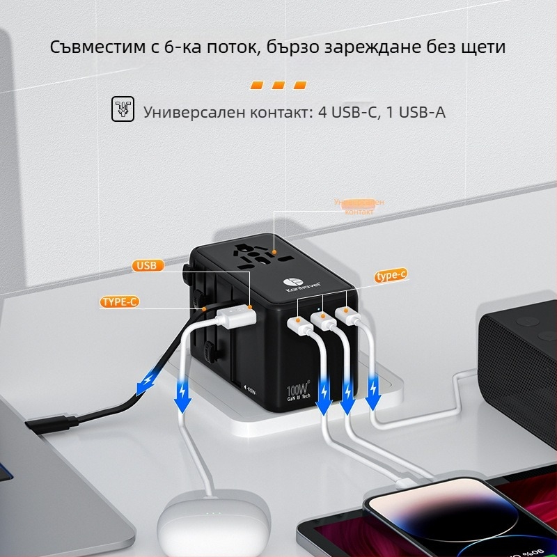 Kantravel PD70W бързозареждане пътен адаптер с кабел за данни — универсална розетка, глобална съвместимост