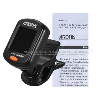 AROMA клип-он тунер за китара, бас, укулеле и цигулка — модел AT-2017.01A.101.103.105; пластмаса + електроника