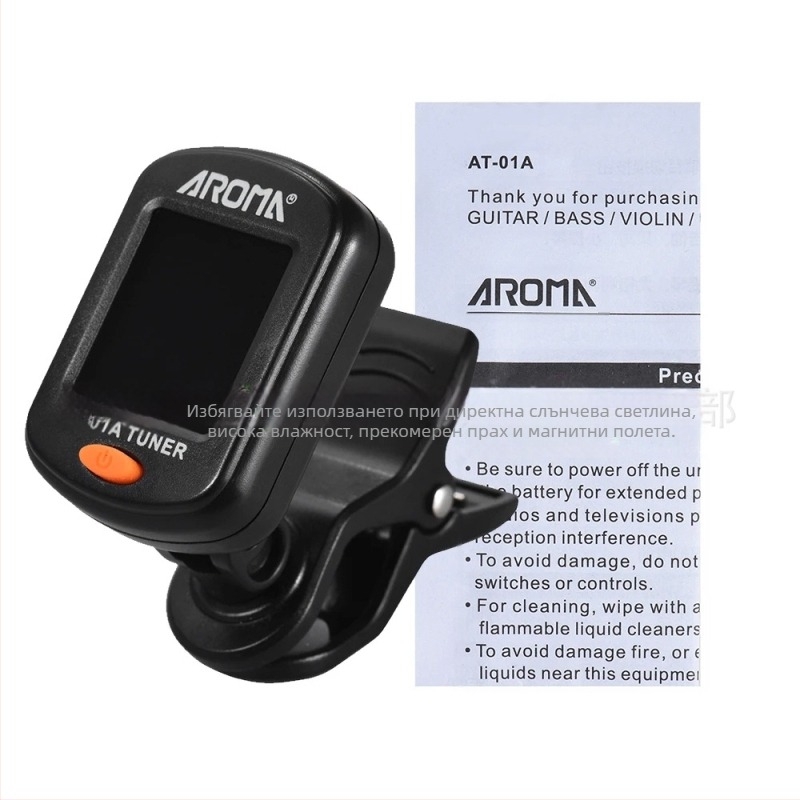 AROMA клип-он тунер за китара, бас, укулеле и цигулка — модел AT-2017.01A.101.103.105; пластмаса + електроника