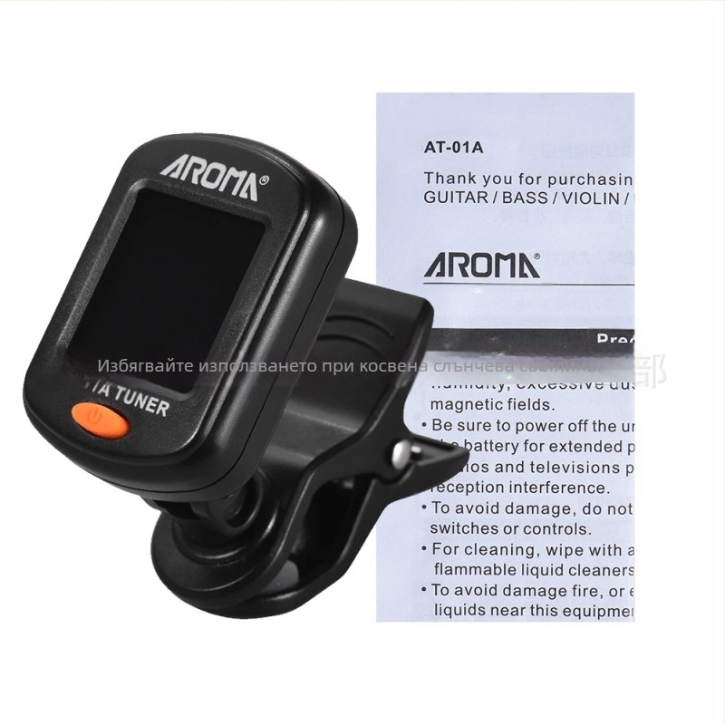 AROMA клип-он тунер за китара, бас, укулеле и цигулка — модел AT-2017.01A.101.103.105; пластмаса + електроника