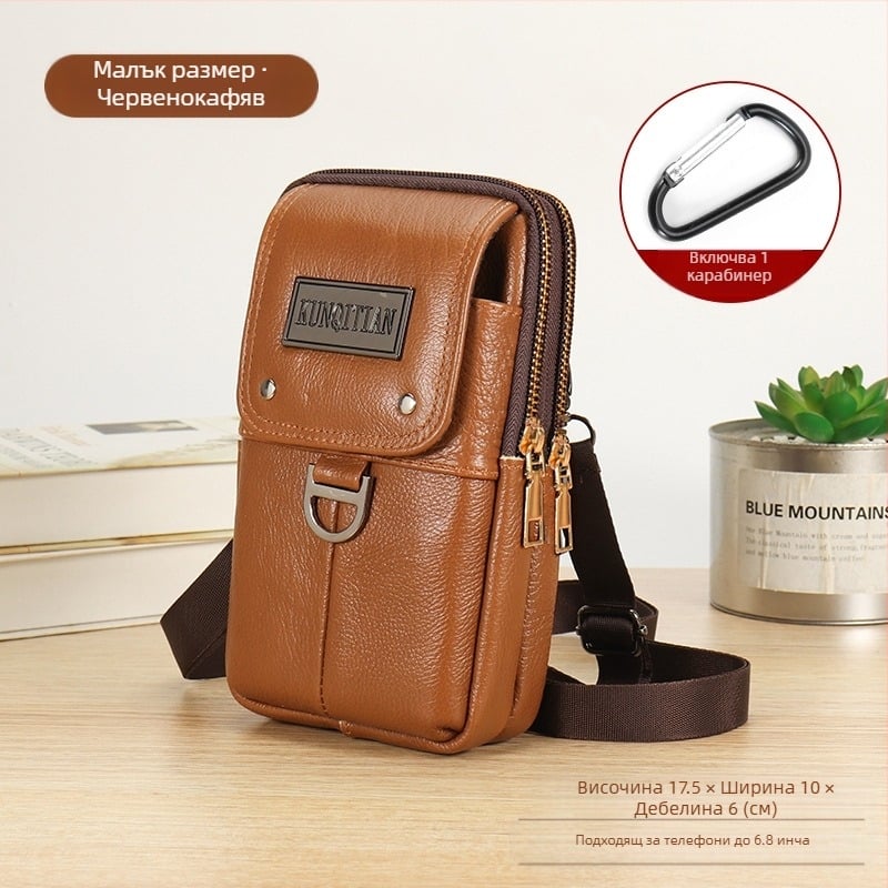 Мъжка кожена чанта за телефон на колан, истинска кожа, кожа от първи слой, вертикална квадратна форма, ципово затваряне, стил бизнес пътуване