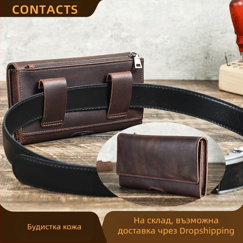 Мъжка поясна чанта за телефон, от естествена кожа, кожа от първи слой, дишаща, многофункционална