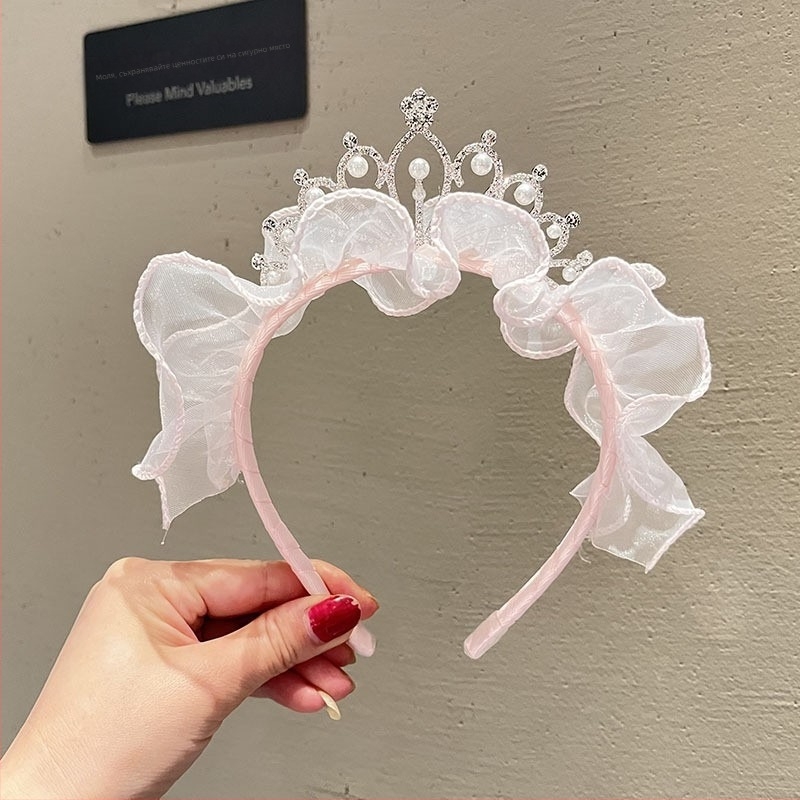 Детска корона за глава с мрежеста тъкан и панделка — ръчна изработка, корейски стил, аксесоар за коса принцеса