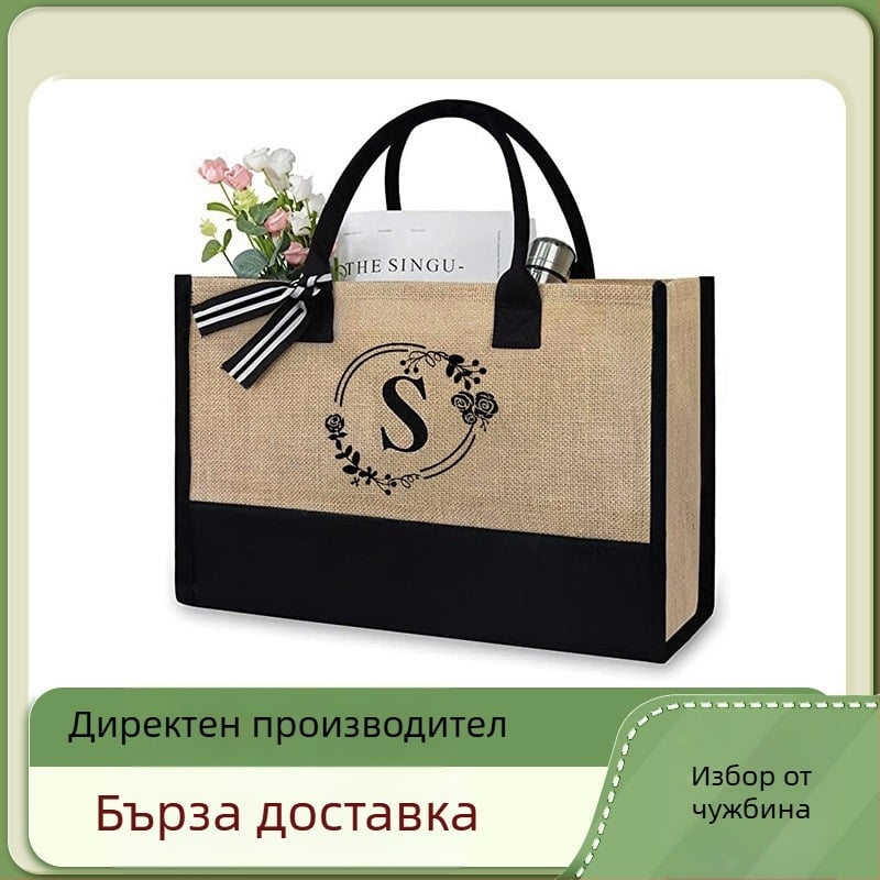 WK ленова tote чанта с открит джоб, хоризонтална квадратна форма, без подплата