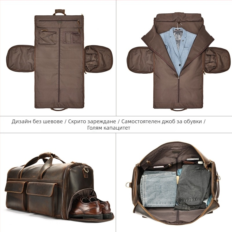 Marunte мъжка кожена пътуваща чанта за ръчно носене, висококачествена кожа, Crazy Horse завършек, капацитет 36-55 л, полиестерна подплата, бизнес стил