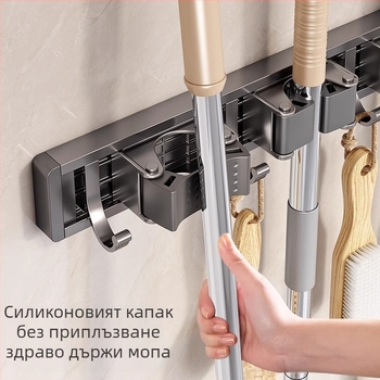 Стена-монтиран държач за моп/метла | космически алуминий | носимост 10 кг | технология на обработка: окисление | повърхностно покритие: окисление | стил: светъл лукс