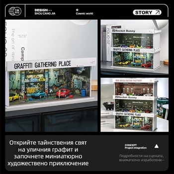 Модел автомобил 1:64 за дисплей в PVC кутия със сцена гараж и осветление, сглобяем, персонализиран по чертежи