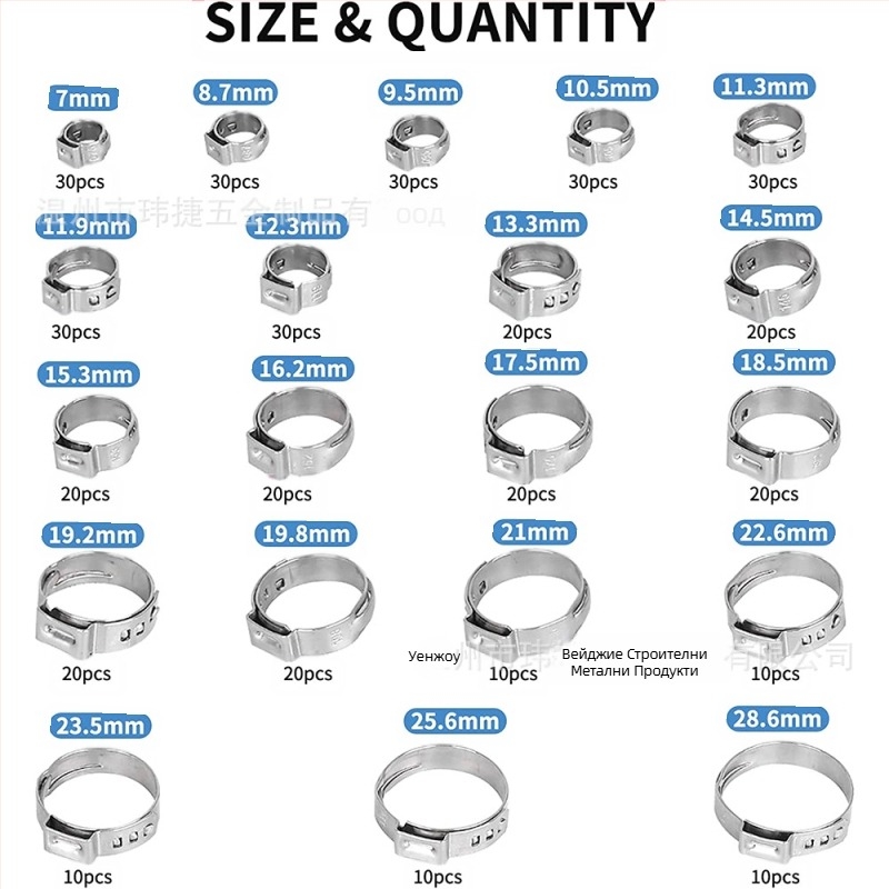 Weijie неръждаема стомана безкрайна щипка за обици – единична обица‑пръстен, номинален диаметър 5–28.6, диаметър на захващане 5–28.6, обхват на приложение 7–21