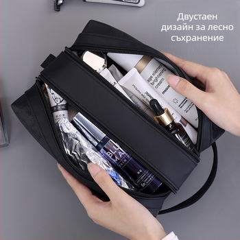 Чанта за тоалетни принадлежности с разделение сухо/мокро и двойни ципове, унисекс, водоустойчива, стил бизнес елит (Материал: филм + жакардов оксфорд; Подплата: полиестер; Функция: водоустойчива; Разделение сухо/мокро; Пол: унисекс)