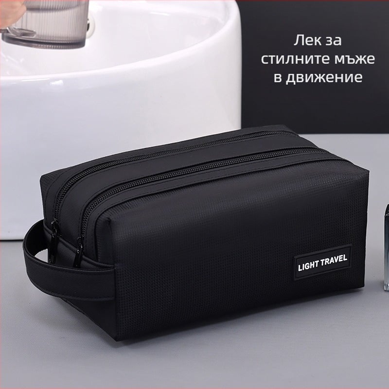 Чанта за тоалетни принадлежности с разделение сухо/мокро и двойни ципове, унисекс, водоустойчива, стил бизнес елит (Материал: филм + жакардов оксфорд; Подплата: полиестер; Функция: водоустойчива; Разделение сухо/мокро; Пол: унисекс)