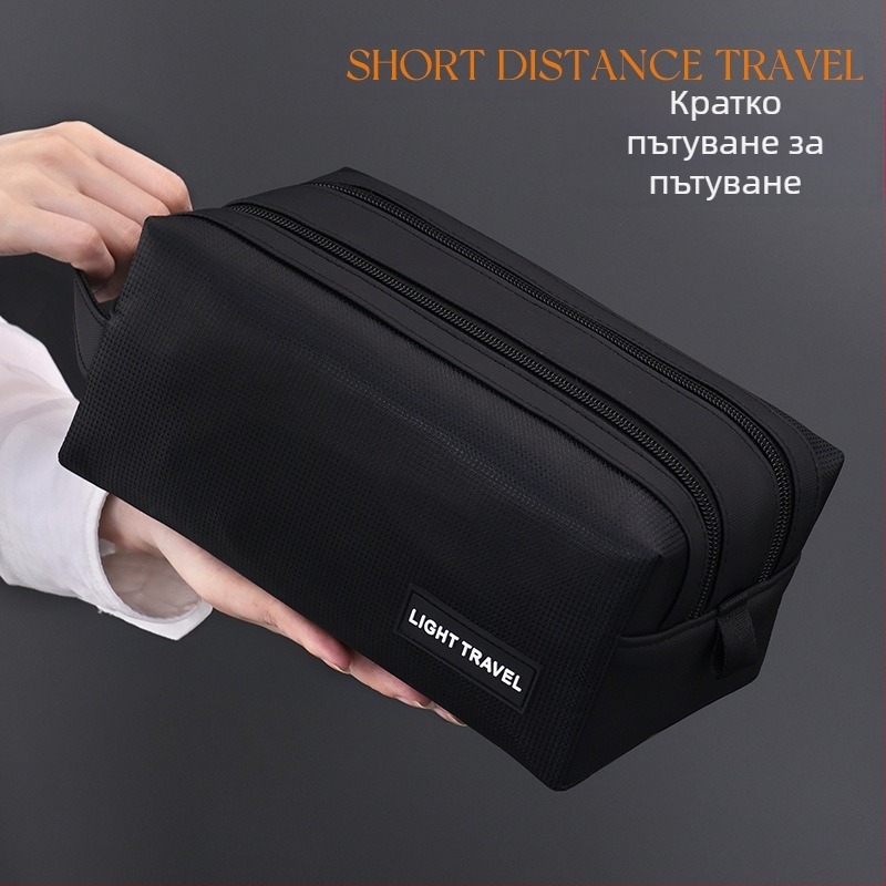 Чанта за тоалетни принадлежности с разделение сухо/мокро и двойни ципове, унисекс, водоустойчива, стил бизнес елит (Материал: филм + жакардов оксфорд; Подплата: полиестер; Функция: водоустойчива; Разделение сухо/мокро; Пол: унисекс)