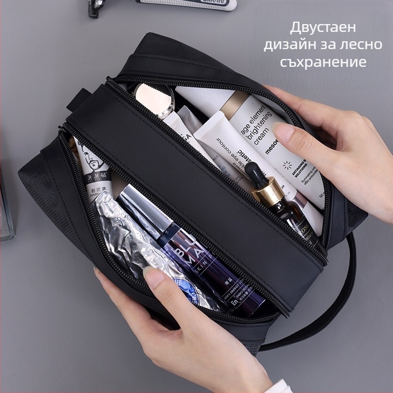 Чанта за тоалетни принадлежности с разделение сухо/мокро и двойни ципове, унисекс, водоустойчива, стил бизнес елит (Материал: филм + жакардов оксфорд; Подплата: полиестер; Функция: водоустойчива; Разделение сухо/мокро; Пол: унисекс)