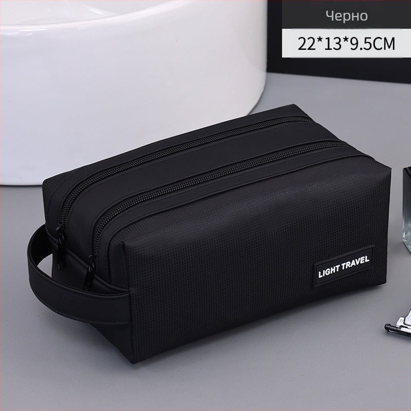 Чанта за тоалетни принадлежности с разделение сухо/мокро и двойни ципове, унисекс, водоустойчива, стил бизнес елит (Материал: филм + жакардов оксфорд; Подплата: полиестер; Функция: водоустойчива; Разделение сухо/мокро; Пол: унисекс)
