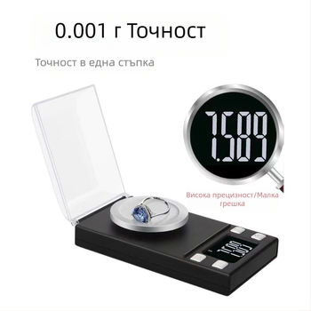 Мини електронна ювелирна везна, висока прецизност до 0.001 г, модел 118; обхвати на измерване 20 г/0.001 г, 50 г/0.001 г, 100 г/0.001 г; електронно измерване; захранване с две AAA батерии.