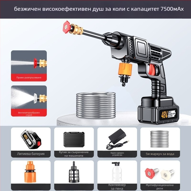 Ръчно безжично устройство за миене на автомобили с литиева батерия; максимално налягане 50 bar, 800 W, резервоар 10 L, поток 2–3 L/min