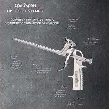 Пистолет за полиуретанова уплътнителна пяна, лесно почистващ се, корпус от сплав, за уплътняване при климатични системи, прозорци и врати