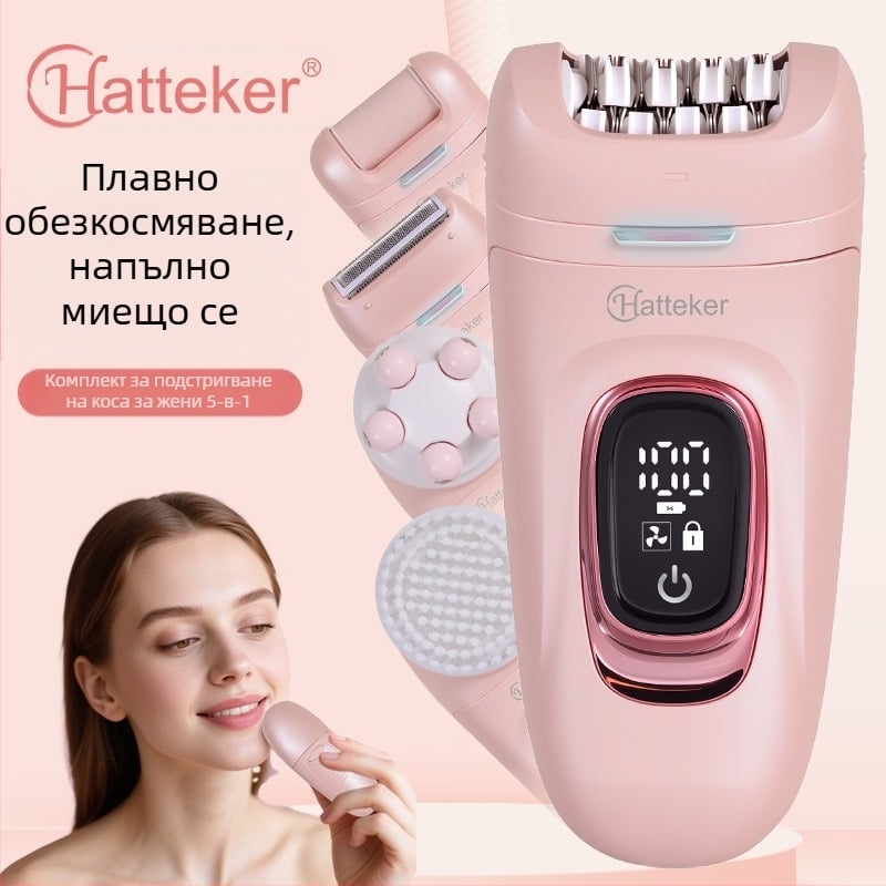 HATTEKER HT-582 USB електрически обезкосмител – 5-в-1 за цялото тяло, глава от неръждаема стомана, мокро и сухо използване, масажор за лице