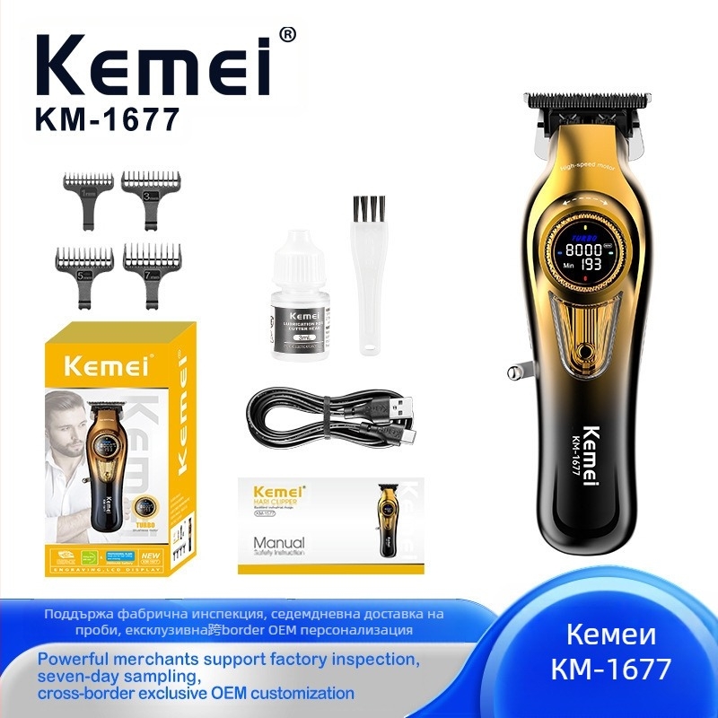 Kemei KM-1677 подстригваща машинка за коса, презареждаща се, безчетков мотор, ножове от прахова металургия, вградена батерия 500–800 mAh, 1–3 ч работа