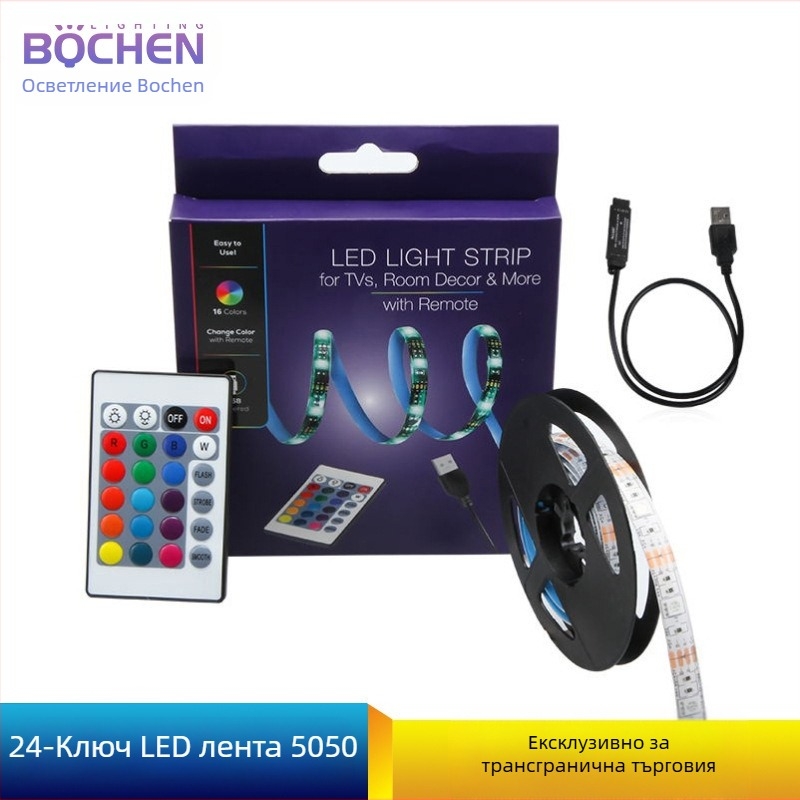 RGB LED лента 5V USB, модел BC-5050MINI30FS-5V, 30×5050 LED, дължина 1 м, димерна, водоустойчива, телевизионно фоново осветление