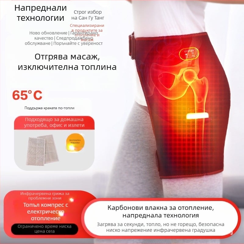 Уред за физиотерапия на тазобедрената става за следоперативна рехабилитация — инфрачервена терапия, нагряващ масаж, моксотерапия, USB/AC захранване, механично управление