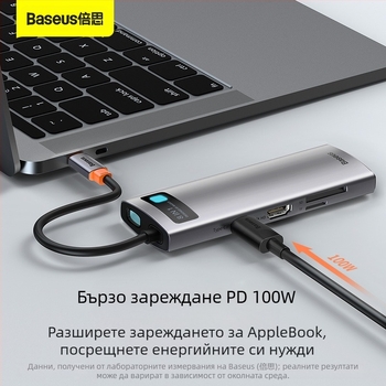 Baseus Metal Microlight серия 8-в-1 Type-C хъб, USB 3.0, кабел 0.25 м, без външно захранване