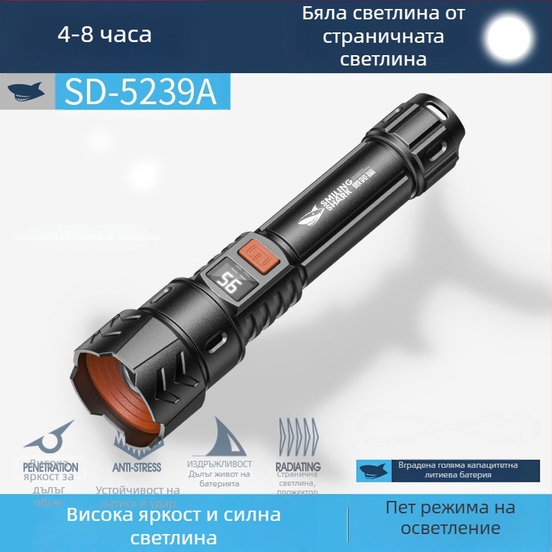 Многофункционален външен фенер с кука, ръчно задвижване за презареждане, LED COB странично осветление и цифров дисплей за мощността